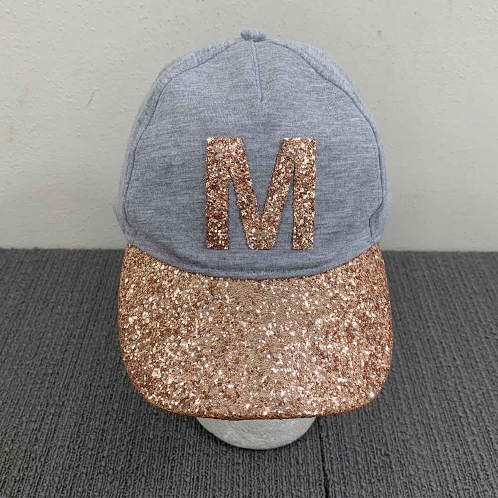 Justice M Baseball Hat Girls OS Gray Rose Gold Glitter Brim Strapback Cap
